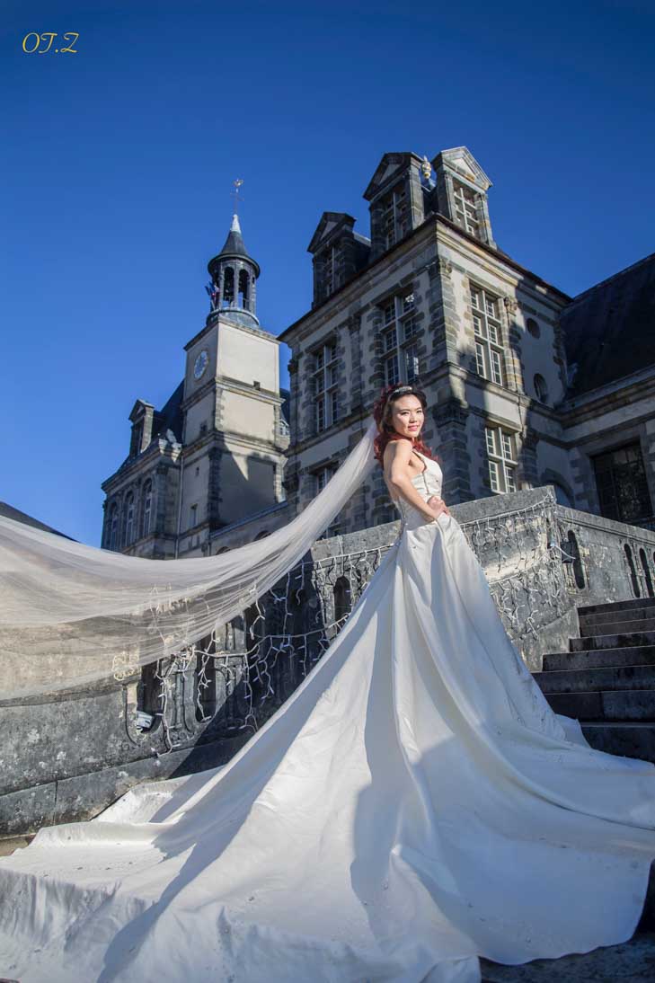 Bride on the steps of a historic Paris building